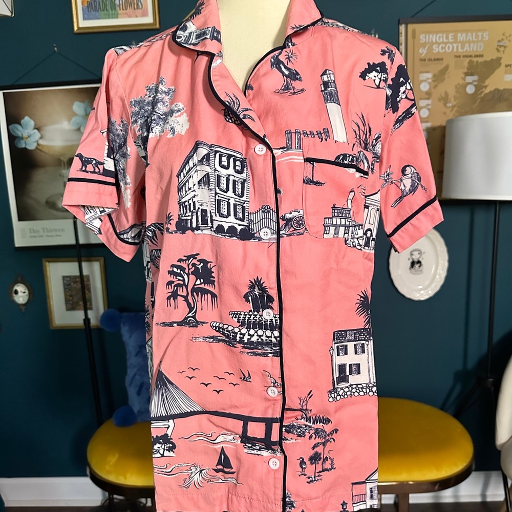 Katie Kime Charleston Toile Pajama Top in Coral